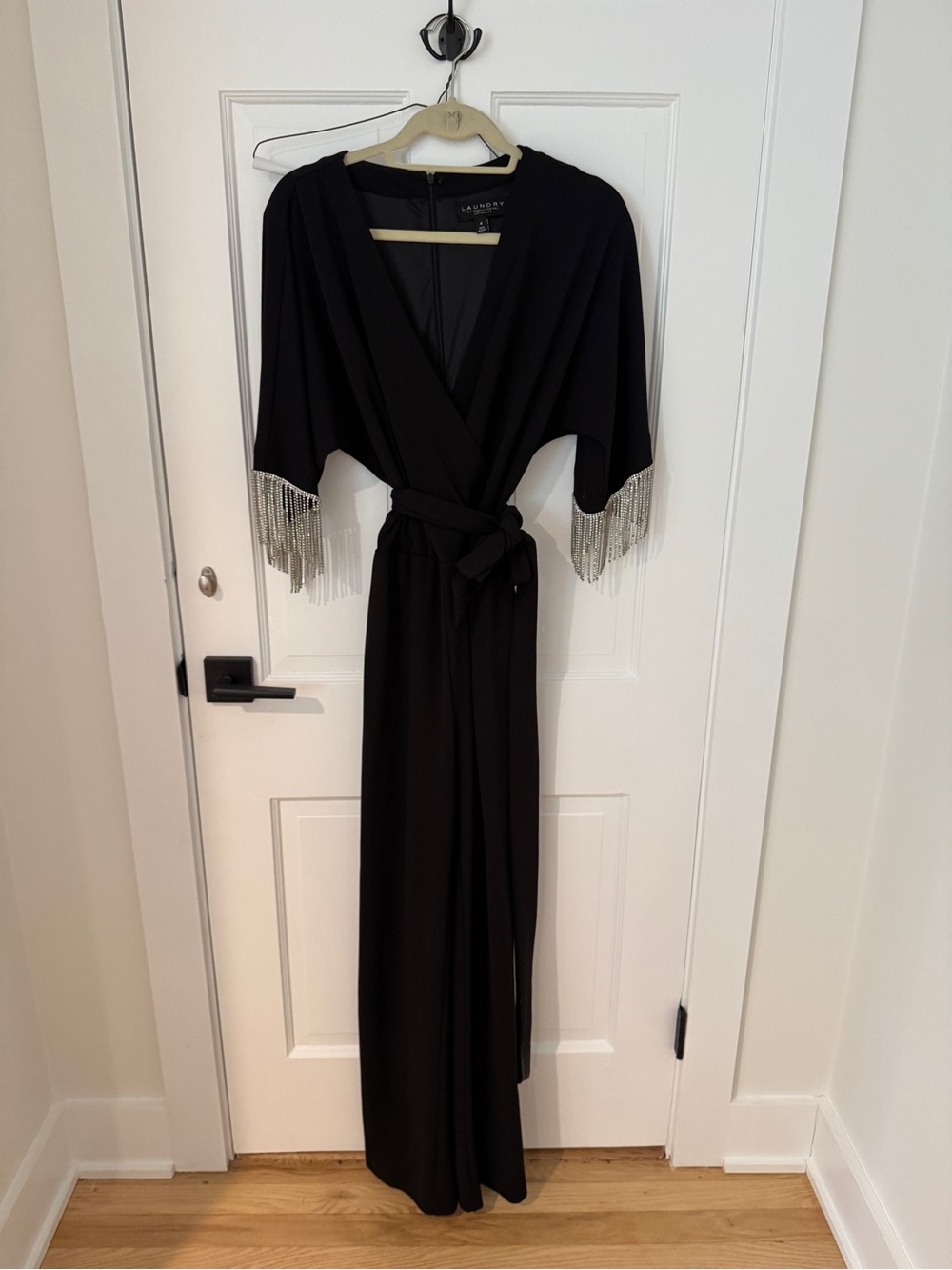 Laundry by Shelli Segal Black V-Neck Jumpsuit with Sparkly Fringe Sleeves!